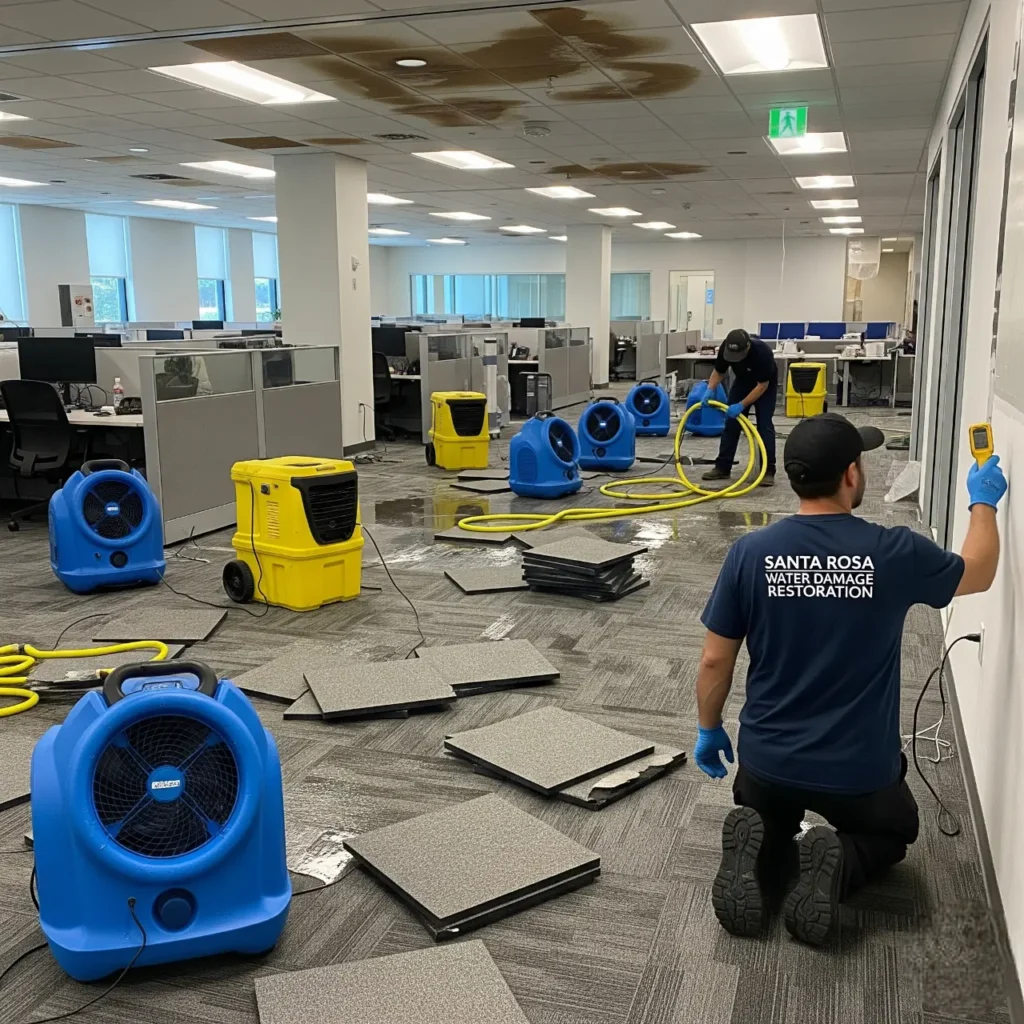 Commercial Water Damage Restoration in Santa Rosa office with dehumidifiers and moisture inspection