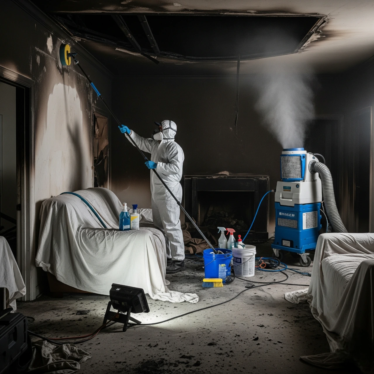 Fire damage restoration Santa Rosa – technician cleaning smoke and soot from burned room