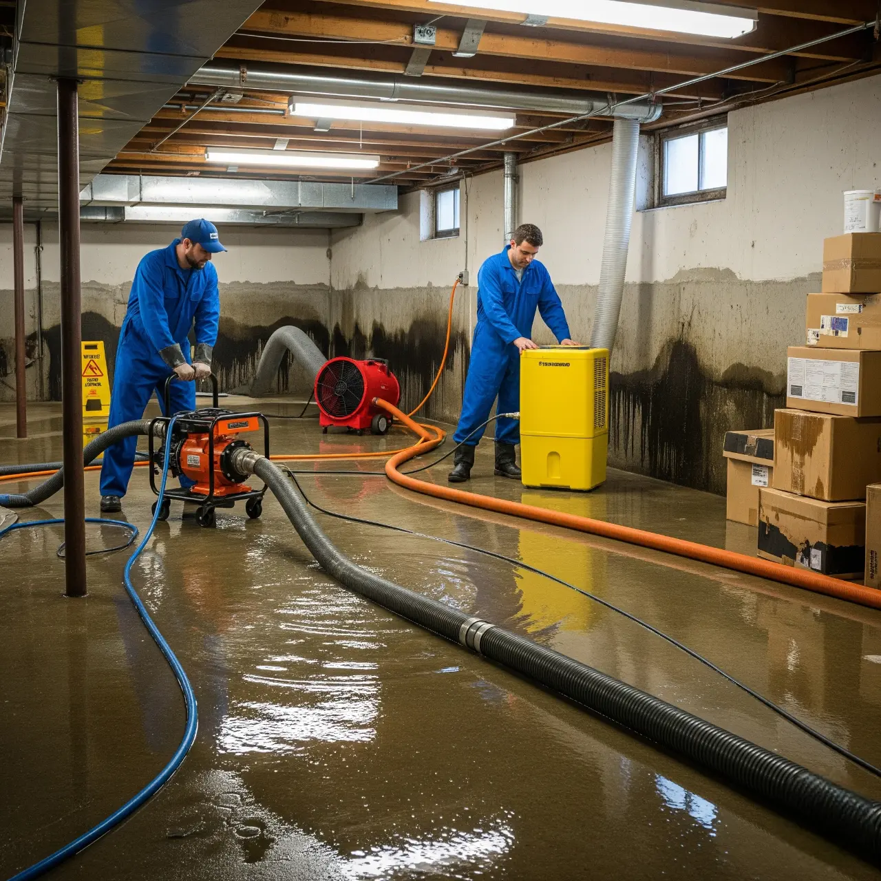 Flooded basement Water Damage Restoration in Santa Rosa with professional pumps and drying equipment