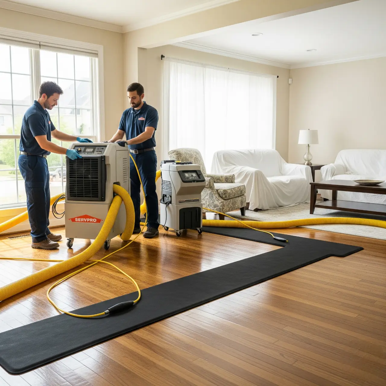 Professional technicians performing Water Damage Restoration in Santa Rosa living room with hardwood floor drying equipment