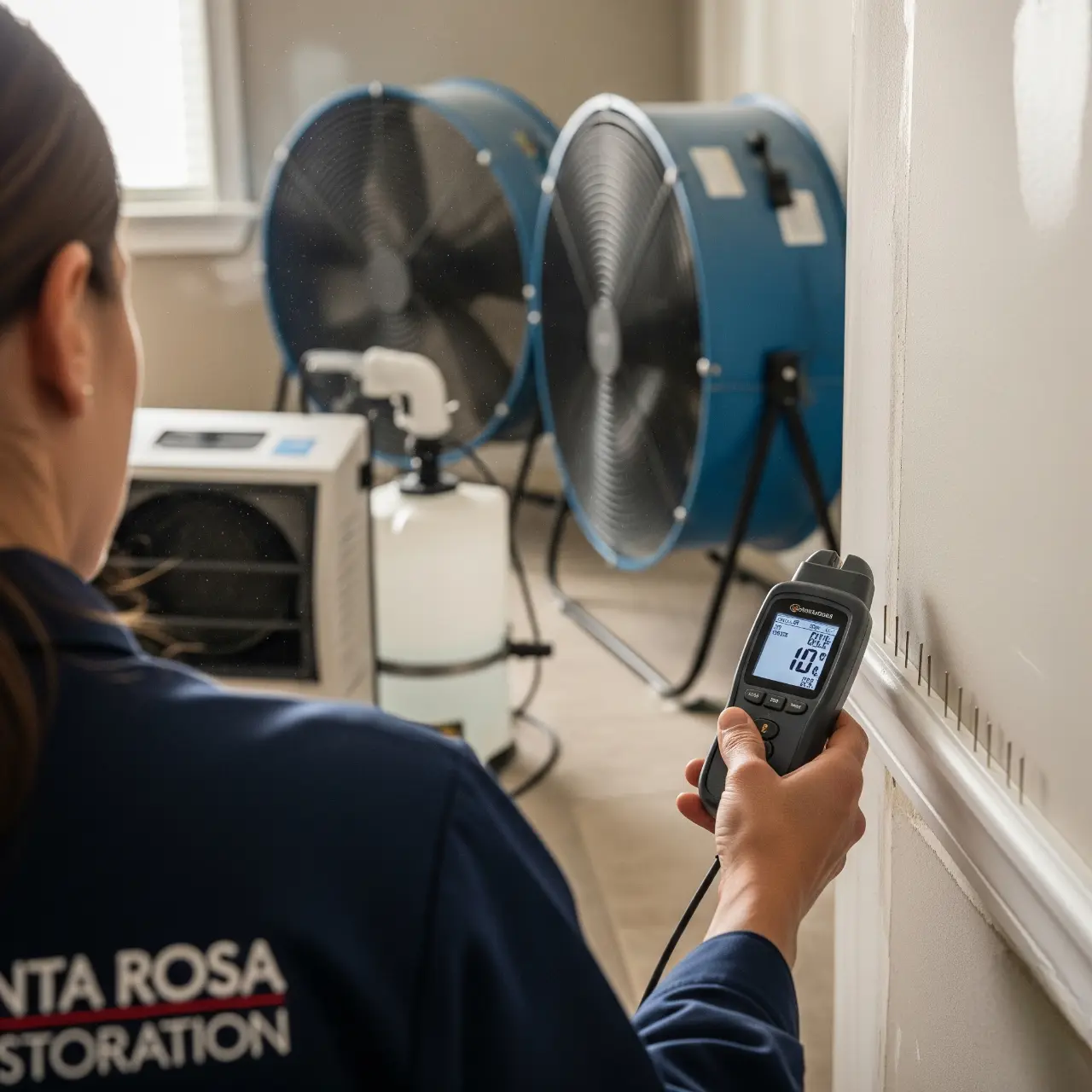 Santa Rosa water damage technician inspecting walls with moisture meter during residential restoration process