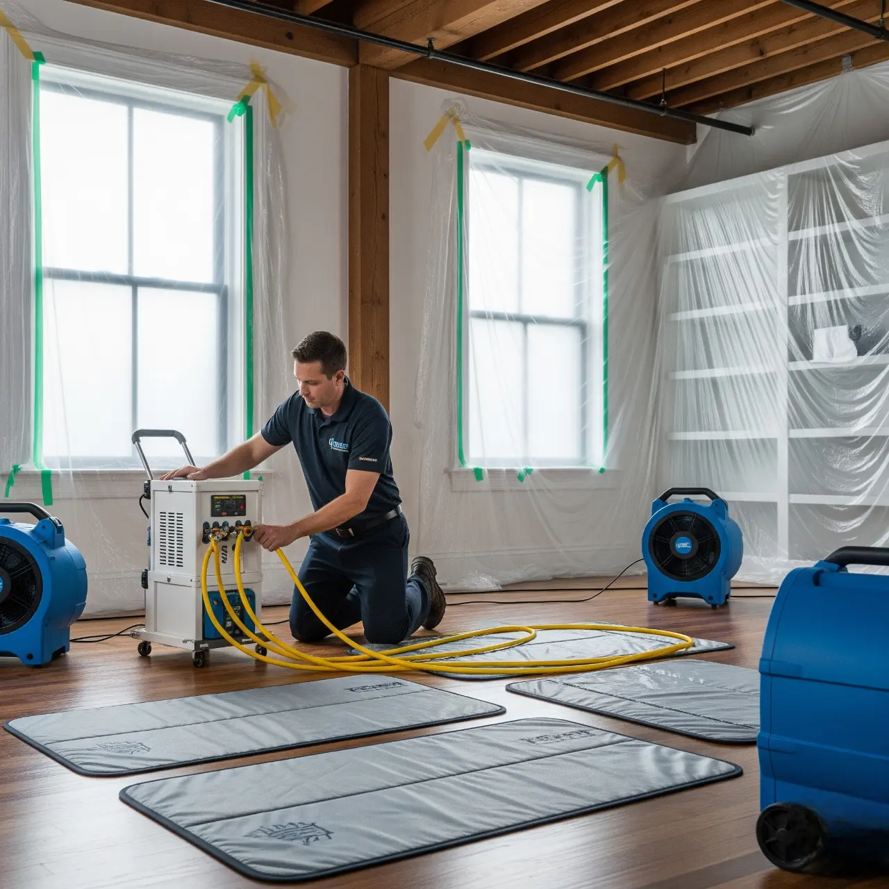 Santa Rosa Water Damage Restoration service with industrial drying equipment and floor protection in a modern home