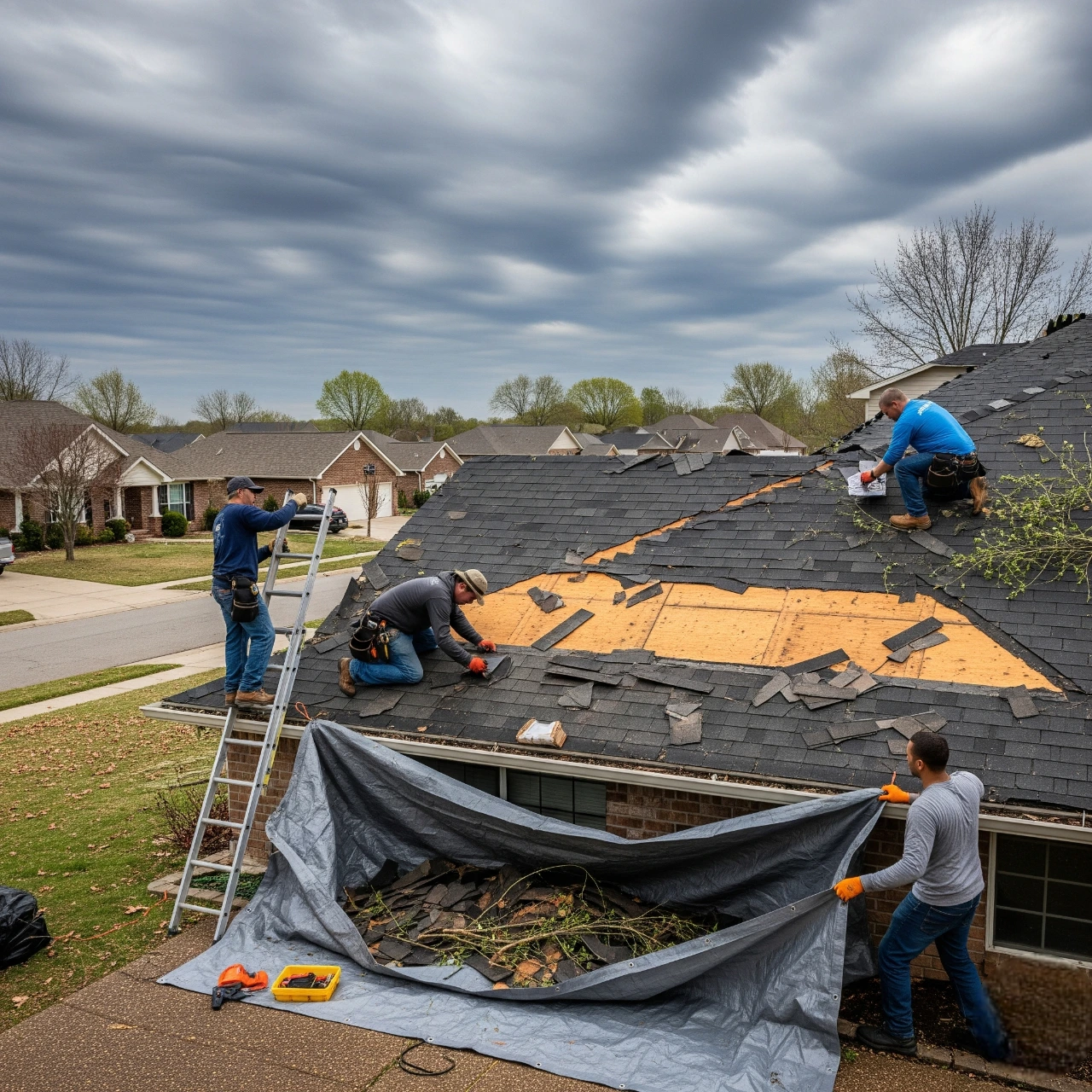 Storm damage repair in Santa Rosa – crew fixing roof after severe weather